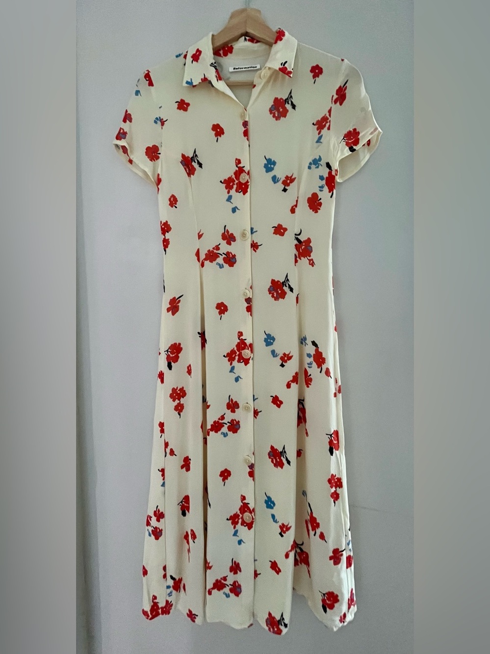 Reformation White Midi Dress with Red & Blue Floral Print